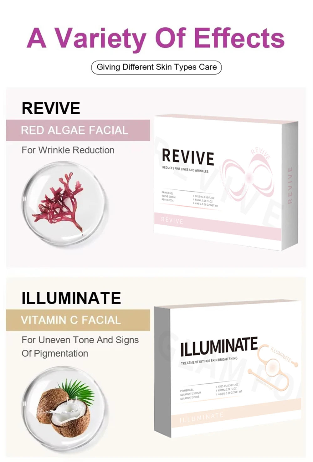 Revive red algae and Illuminate Vitamin C facial spa gel kits for CO2 oxygen bubble rejuvenation beauty devices.