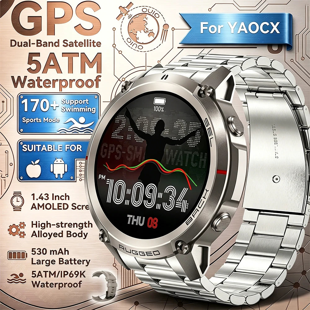 2026 New Outdoor GPS Smart Watch Map Compass Navigation 5ATM Waterproof Bluetooth Call 100+Sport Mode Men AMOLED HD Smart Watch