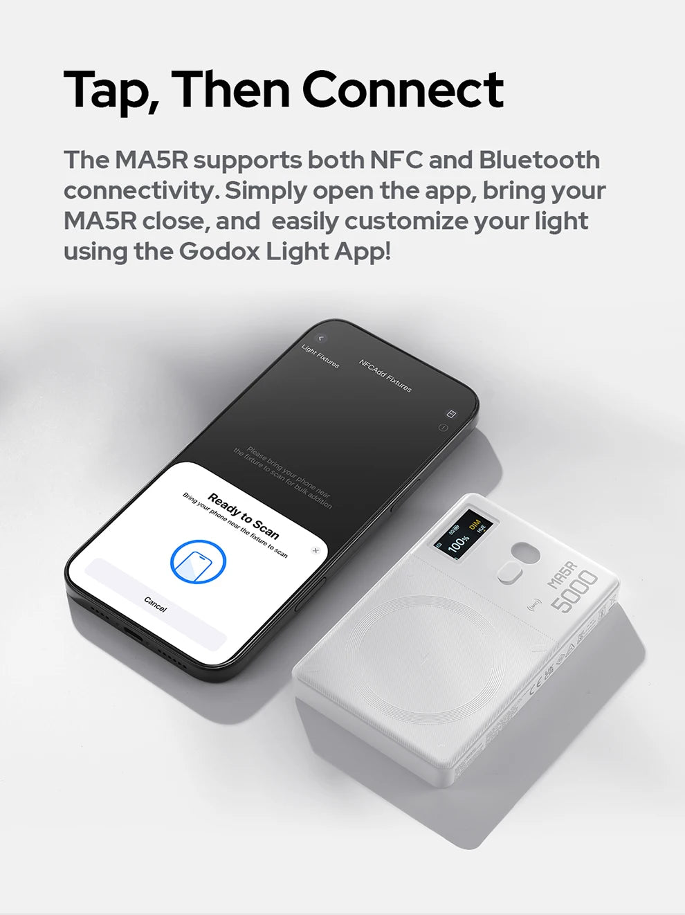 White rectangular MA5R LED light next to a smartphone showing a connection app for NFC and Bluetooth light control.