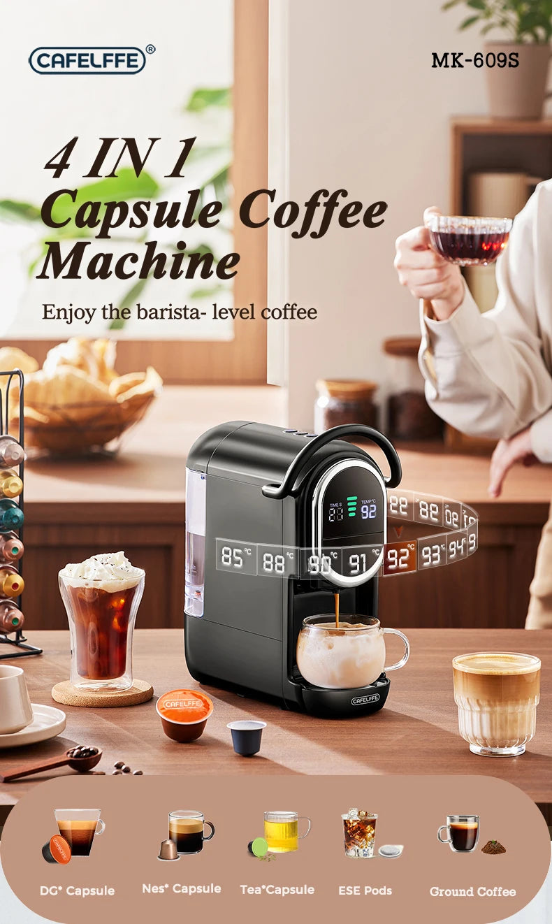 Cafelffe 4-in-1 black capsule coffee machine with digital temperature display for pods and ground coffee.