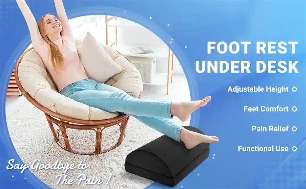 Black adjustable memory foam under desk foot rest stool for ergonomic comfort and back and hip pain relief.