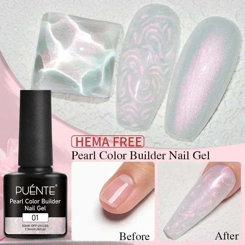 Pearl color builder nail gel in a 7.5ml black bottle, showing a pearlescent, iridescent finish on display nail tips.