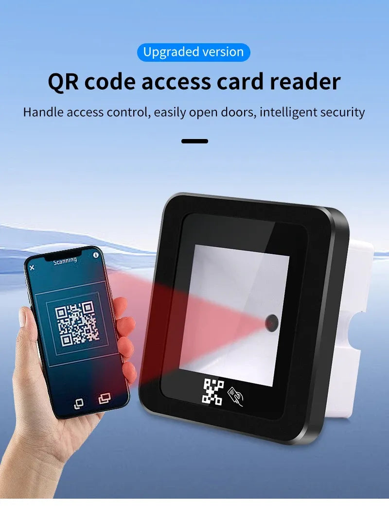 QR code access card reader showing scan screen and handheld card