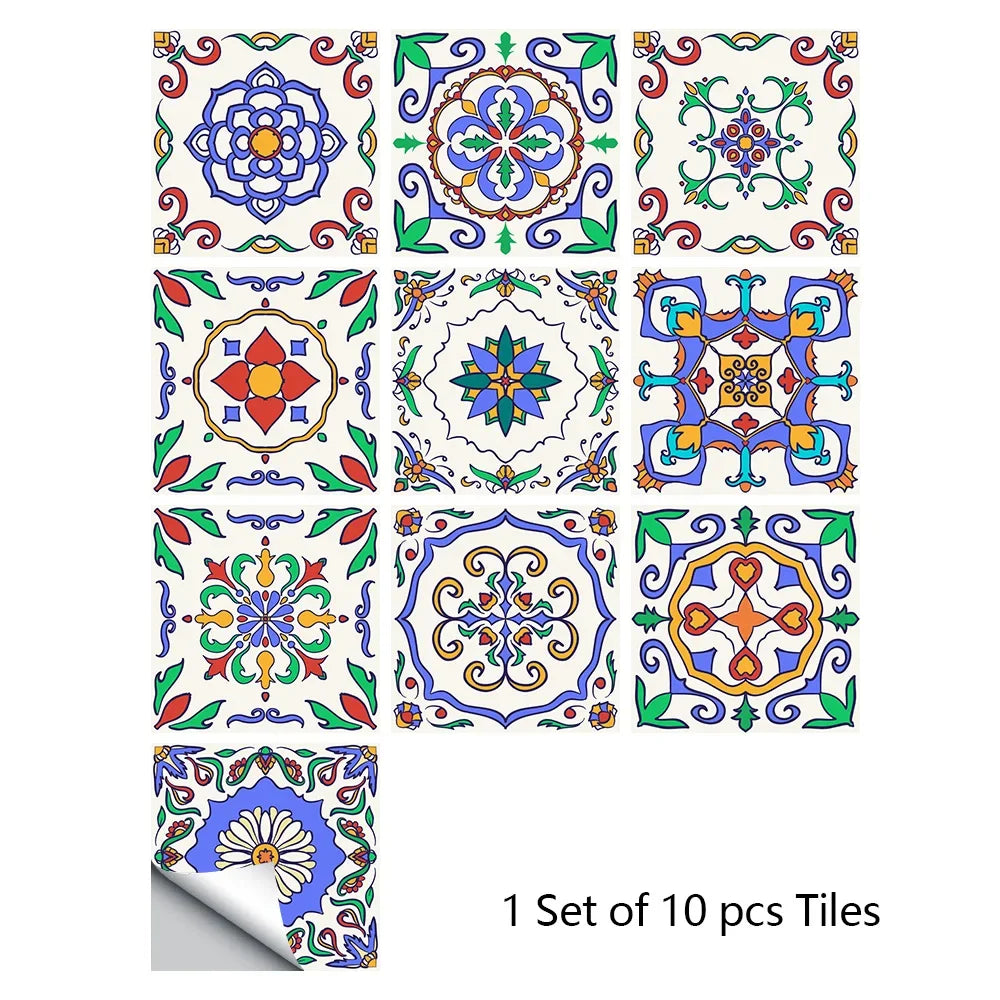 Colorful floral ornate mosaic tile wall sticker set, 10 pieces