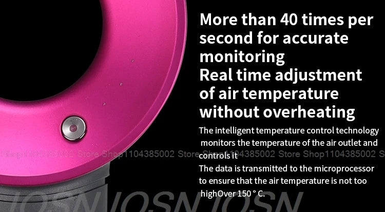 Pink leafless negative ion hair dryer with intelligent temperature control for professional quick-dry styling.