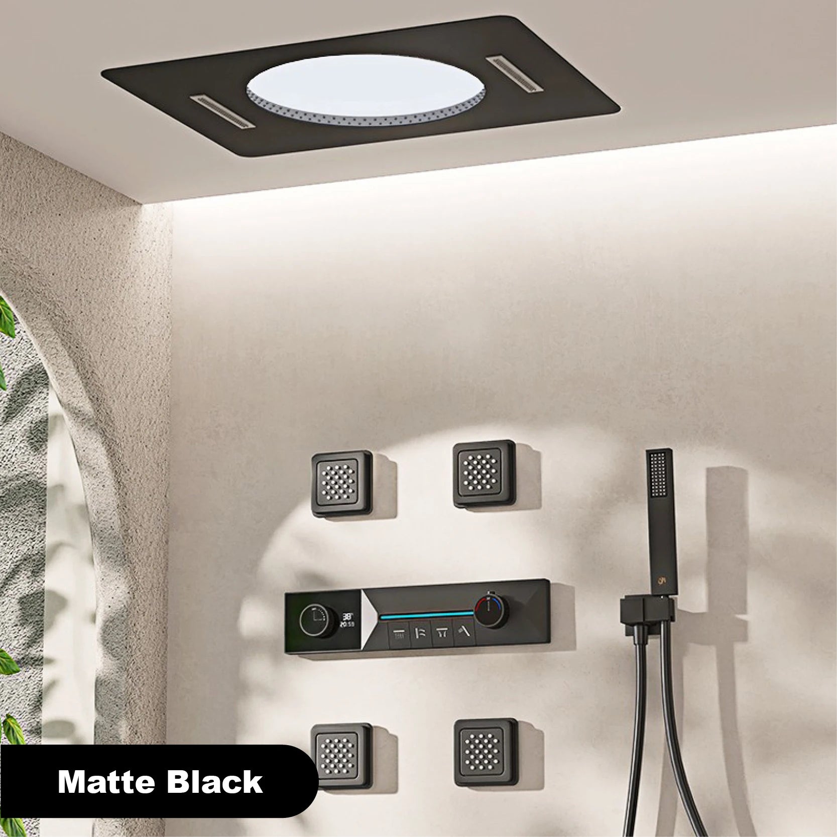 Gunmetal Gray Ceiling Mounted 4-Function Waterfall Shower System with Embedded Brass Thermostatic LED Display Body for Bathroom