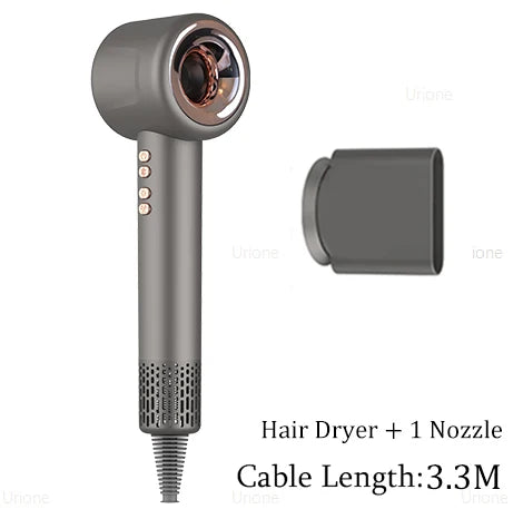 Professional gray leafless ionic hair dryer with nozzle attachment, constant temperature salon styling appliance.