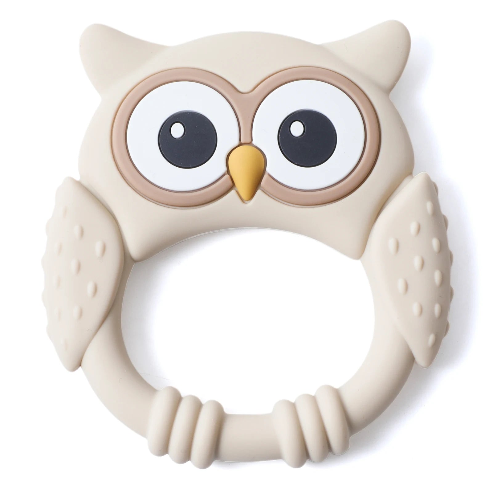 Beige owl silicone teething ring for baby teething relief.