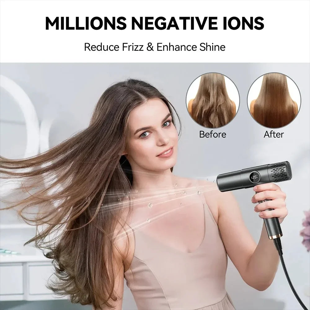 Woman using a sleek black 110,000RPM high-speed ionic hair dryer with LCD display for fast, anti-frizz drying results.