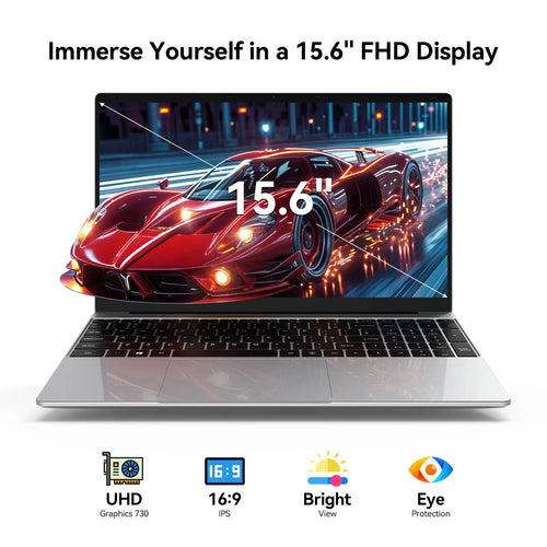 Silver 15.6-inch laptop with thin bezels, black keyboard, large trackpad, and a screen showing a red sports car.