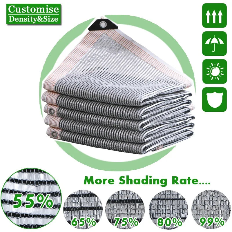 Aluminum foil sunshade net screen, folded gray mesh with visible grommet corners