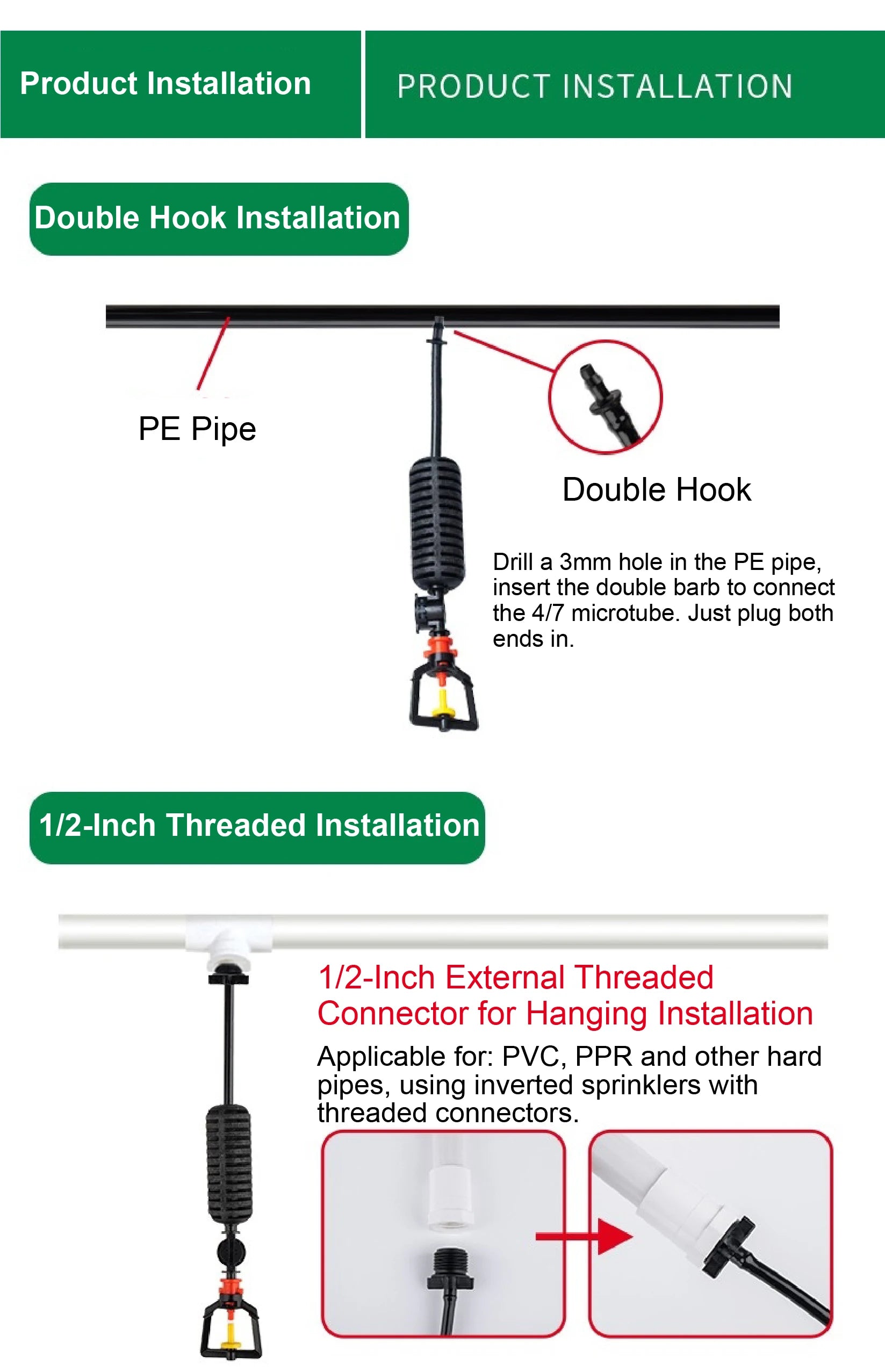 Hanging misting sprinkler nozzle with double hook for PE pipe installation
