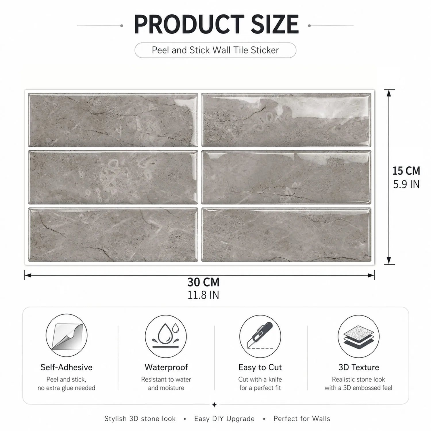 Grey Marble 3D Self Adhesive Wall Tile Stickers 30×15cm Waterproof Peel Stick Backsplash Tiles for Kitchen Bathroom Decor