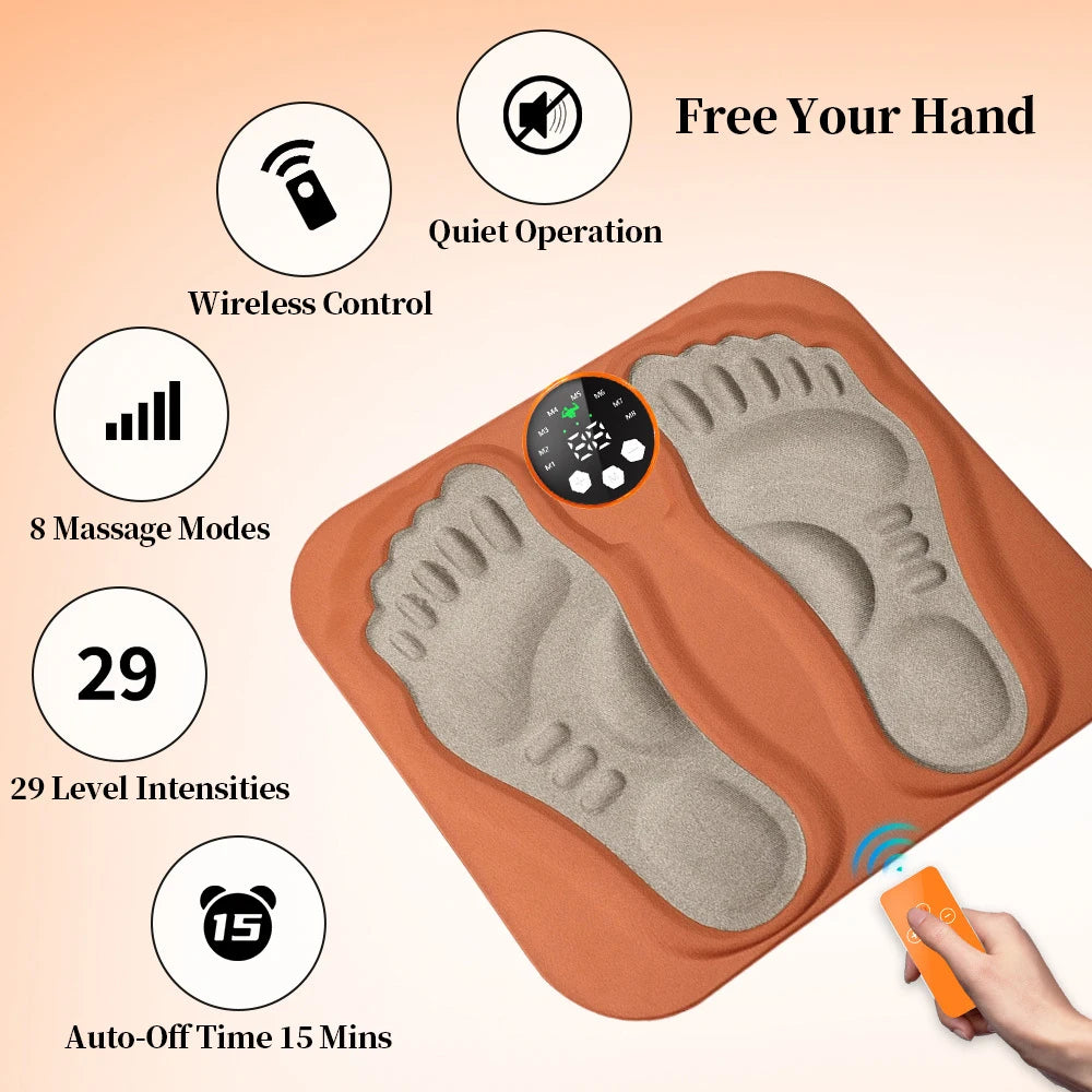 Orange 3D electric foot massage mat with RF remote, 8 modes, 29 intensity levels for muscle relief and blood flow.
