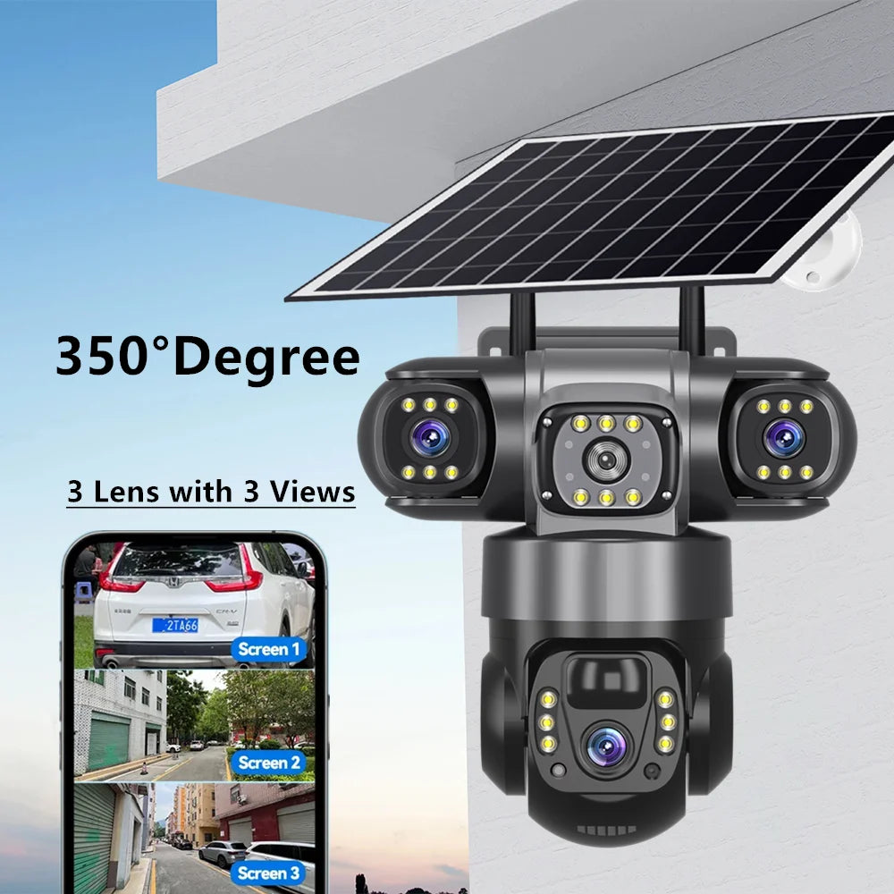 V380 Solar 4G IP Camera Outdoor 12MP 6K Triple Lenses Triple Screens Security Video Monitor Night Vision Waterproof CCTV Cameras