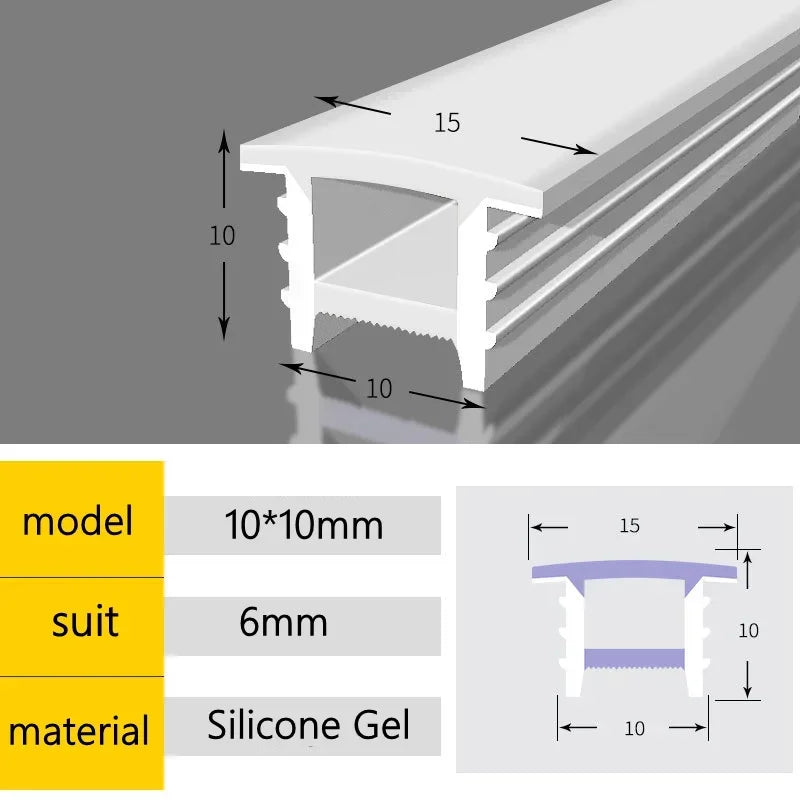 Silicone LED neon diffuser tube cross-section, 10x10mm profile, silicone gel
