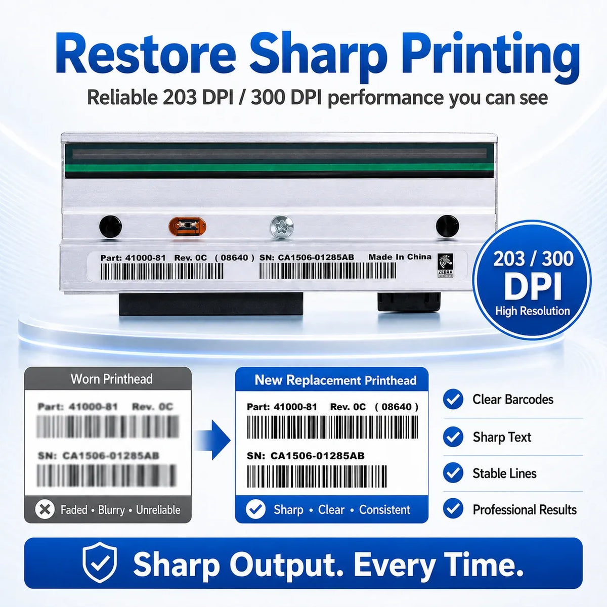 203/300 dpi thermal printhead replacement showing labeled print window and interface
