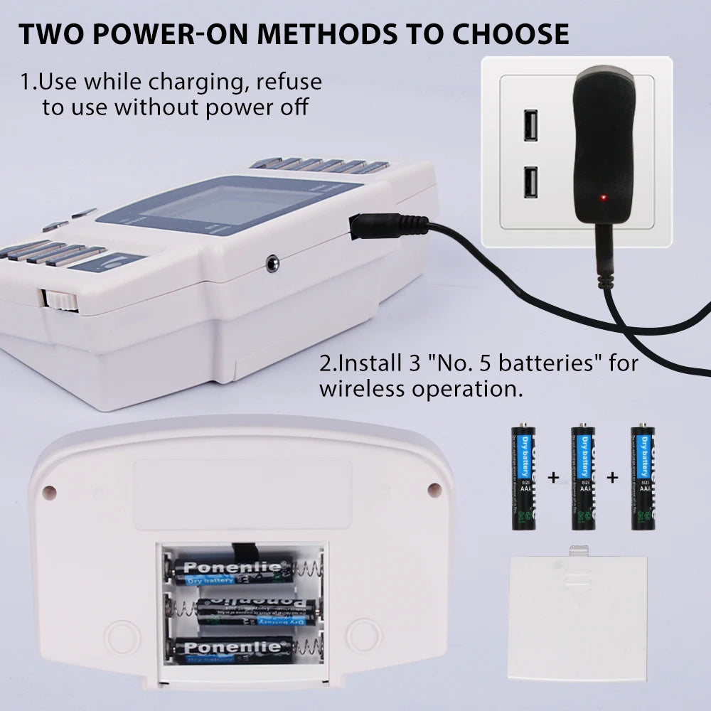 White EMS electrostimulator muscle massager showing plug-in charging and AA battery power supply methods.