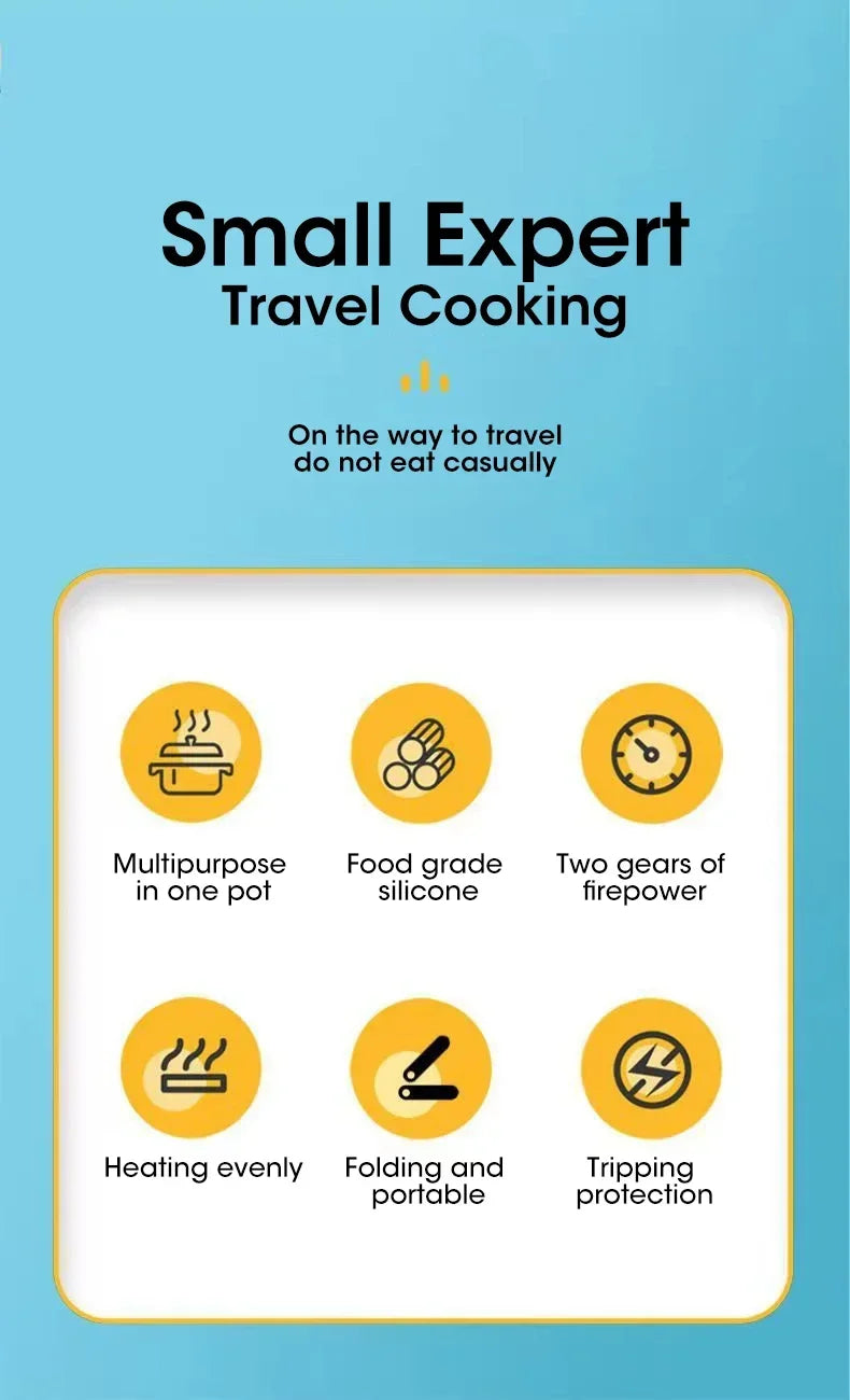 Portable folding electric hot pot feature icons: heating, silicone, fold, protection.