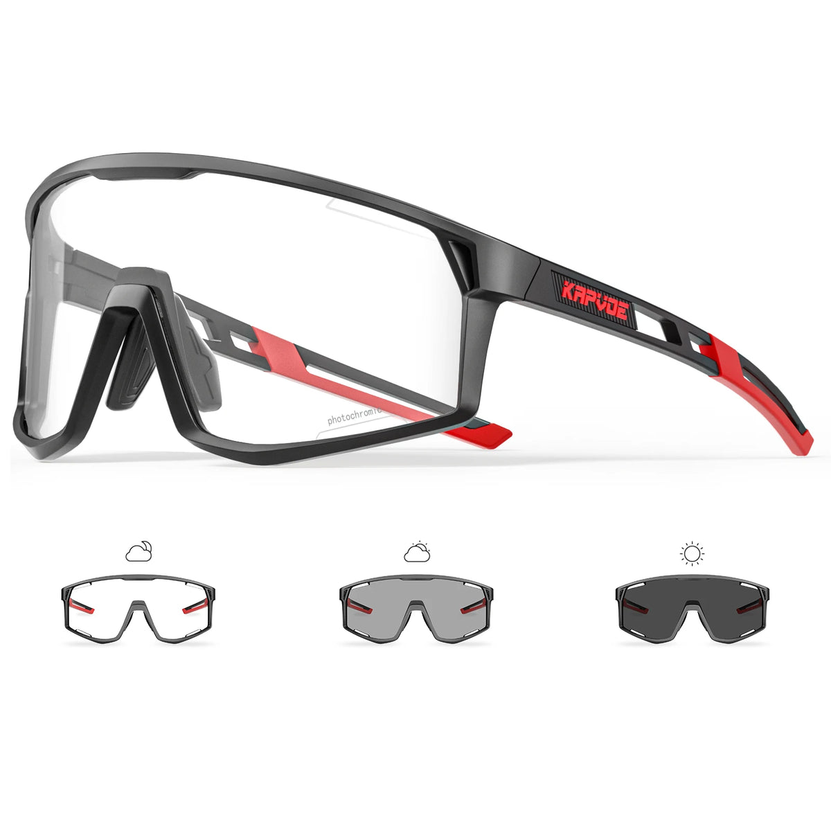 KAPVOE photochromic cycling sunglasses with black frame and clear lens.