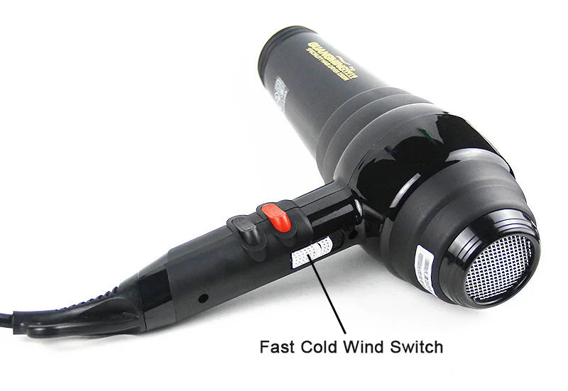 Black 2300W professional salon hair dryer with speed, heat controls, and cold air switch for fast styling.