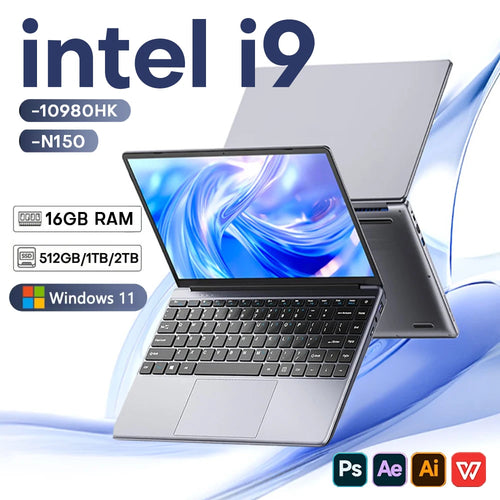 Silver 14.1-inch slim laptop with narrow bezels, full keyboard, large trackpad, and side ports against a blue background.