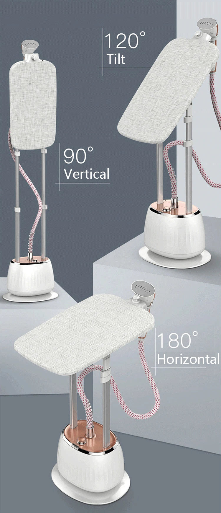Tidesmit 1.8KW vertical garment steamer with 10 gears, 1.6L tank, adjustable pole and iron board, side profile view.