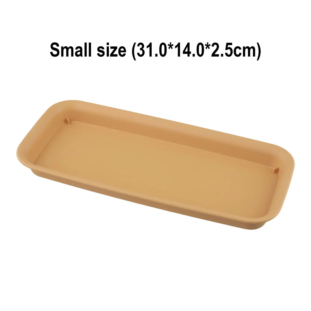 Rectangular plastic water tray, light brown-gold with curved corners and raised edge