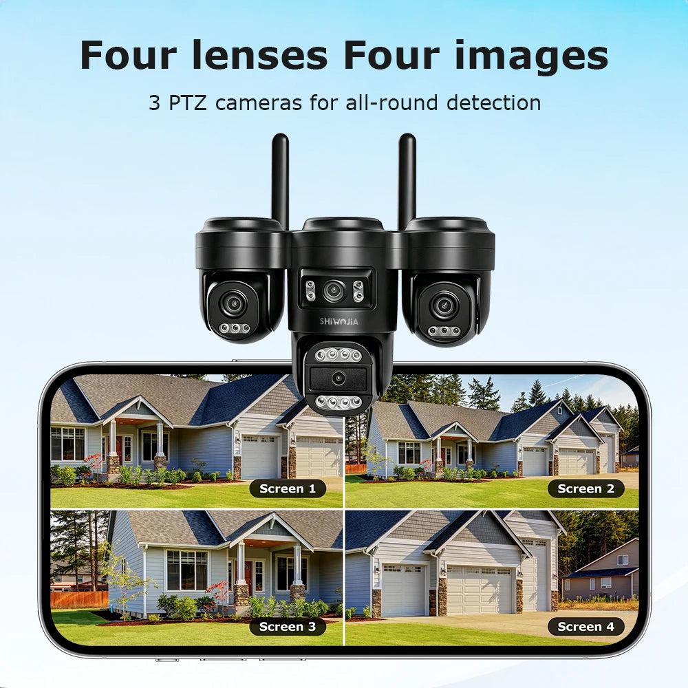 SHIWOJIA AOV Solar Security Camera WIFI 4G SIM Four Lens AI Human Auto Tracking Outdoor CCTV Camera 24/7 Recording