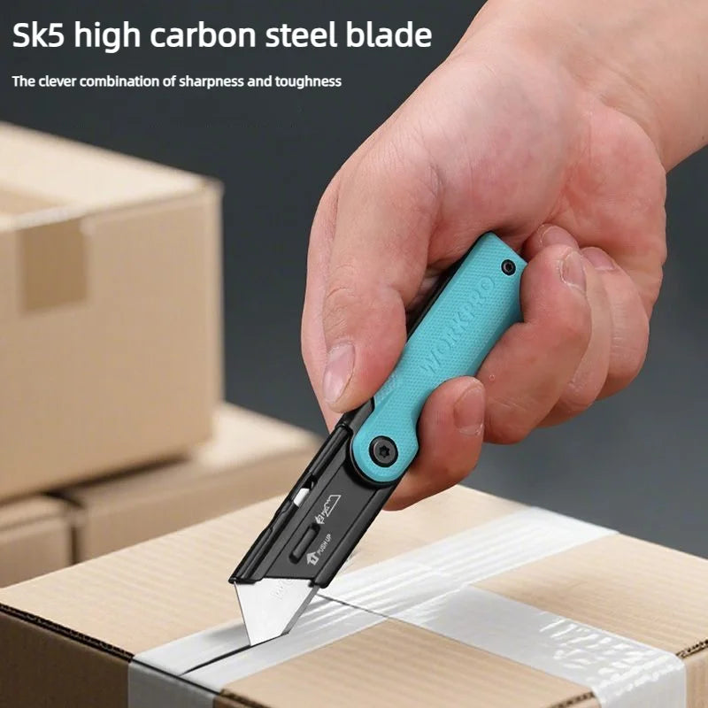 Workpro Folding Utility Knife Stainless Steel Quick Realse Pocket Knife with Belt Clip Sharp 10 blades Purpose DIY Cutting Tools