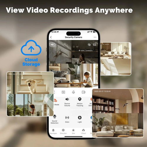 Smartphone app screen showing WiFi security camera cloud storage and live recording views