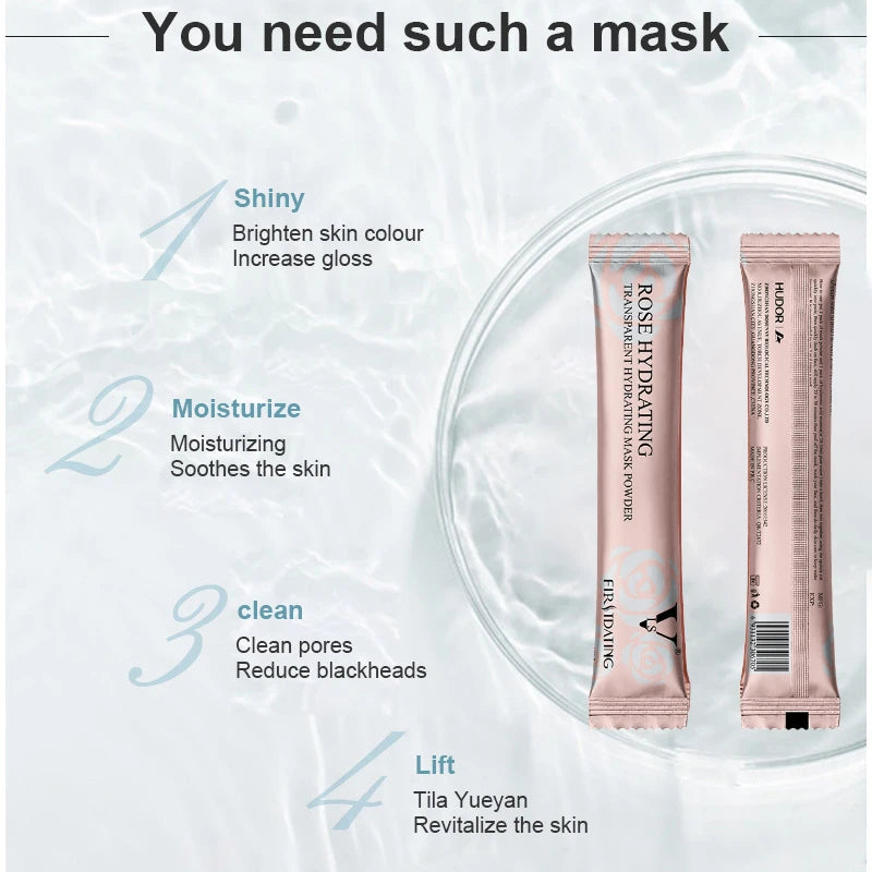 Two metallic rose-gold sachets of Rose Hydrating jelly mask powder against a water-textured background with text.