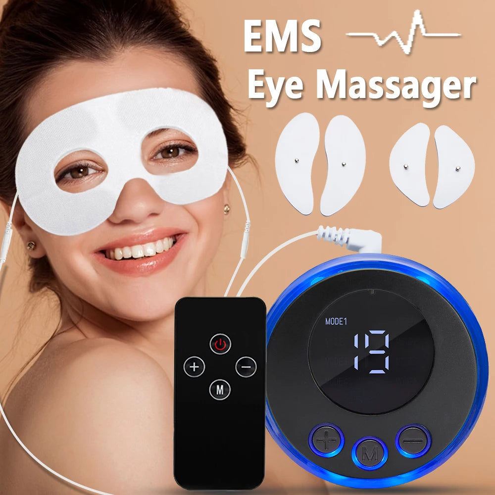 Woman wearing white EMS eye massager for anti-wrinkle lifting with digital control panel and remote for dark circles.