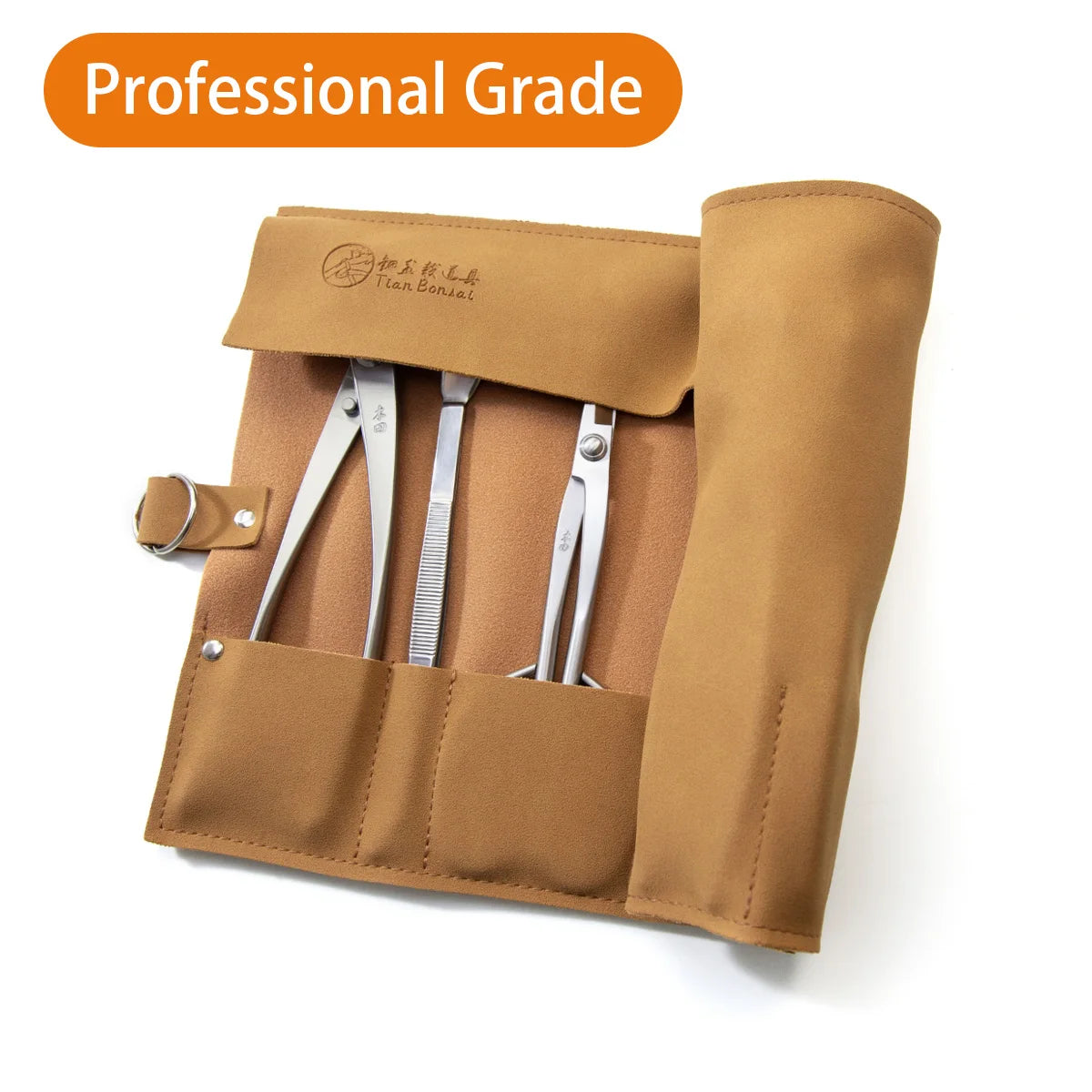 Tan leather bonsai tool roll bag open with stainless tools in pockets; Professional Grade