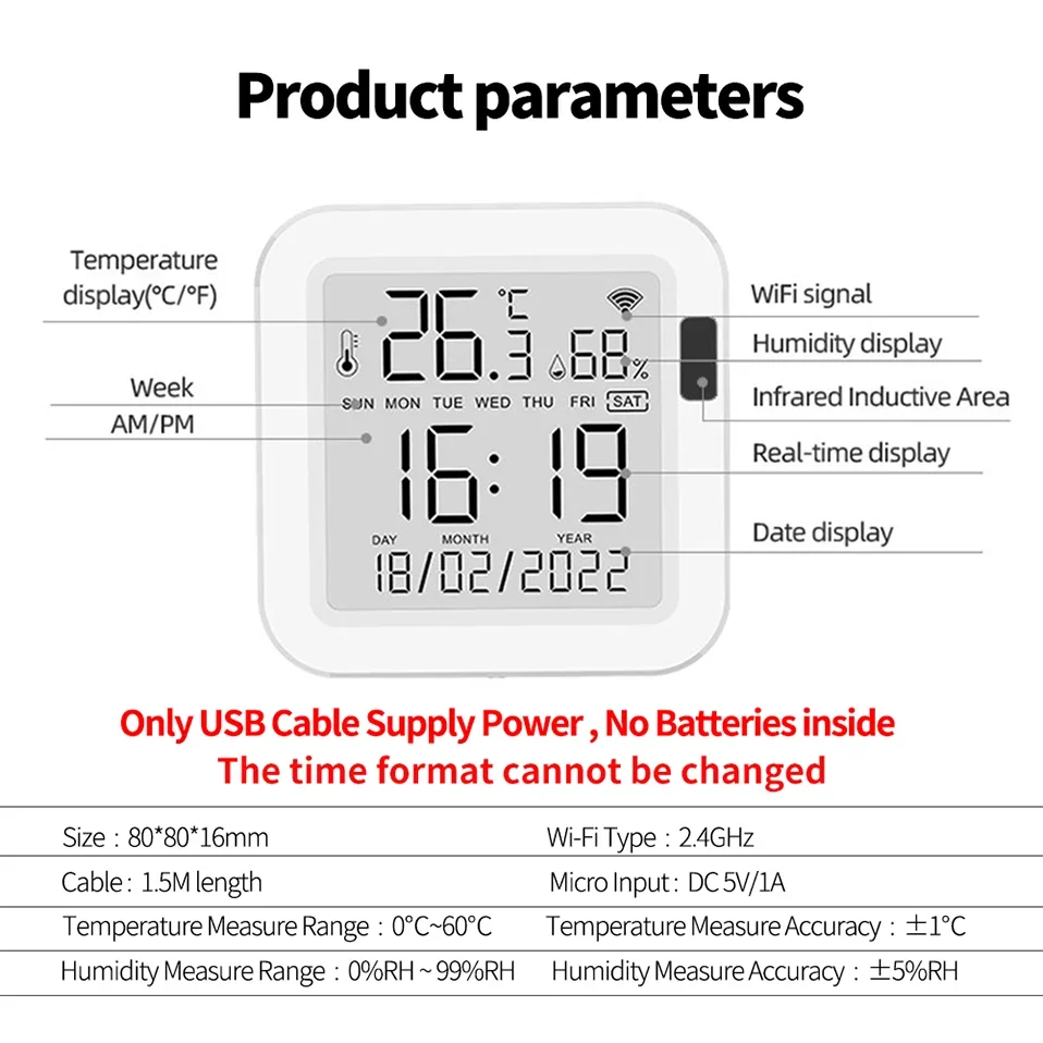 WiFi Temperature Humidity Sensor - Backlit Smart Climate Monitor Tidesmit