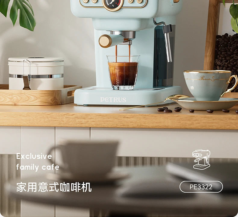 Petrus PE3322 light blue retro espresso machine brewing coffee into a glass on a wooden kitchen counter.