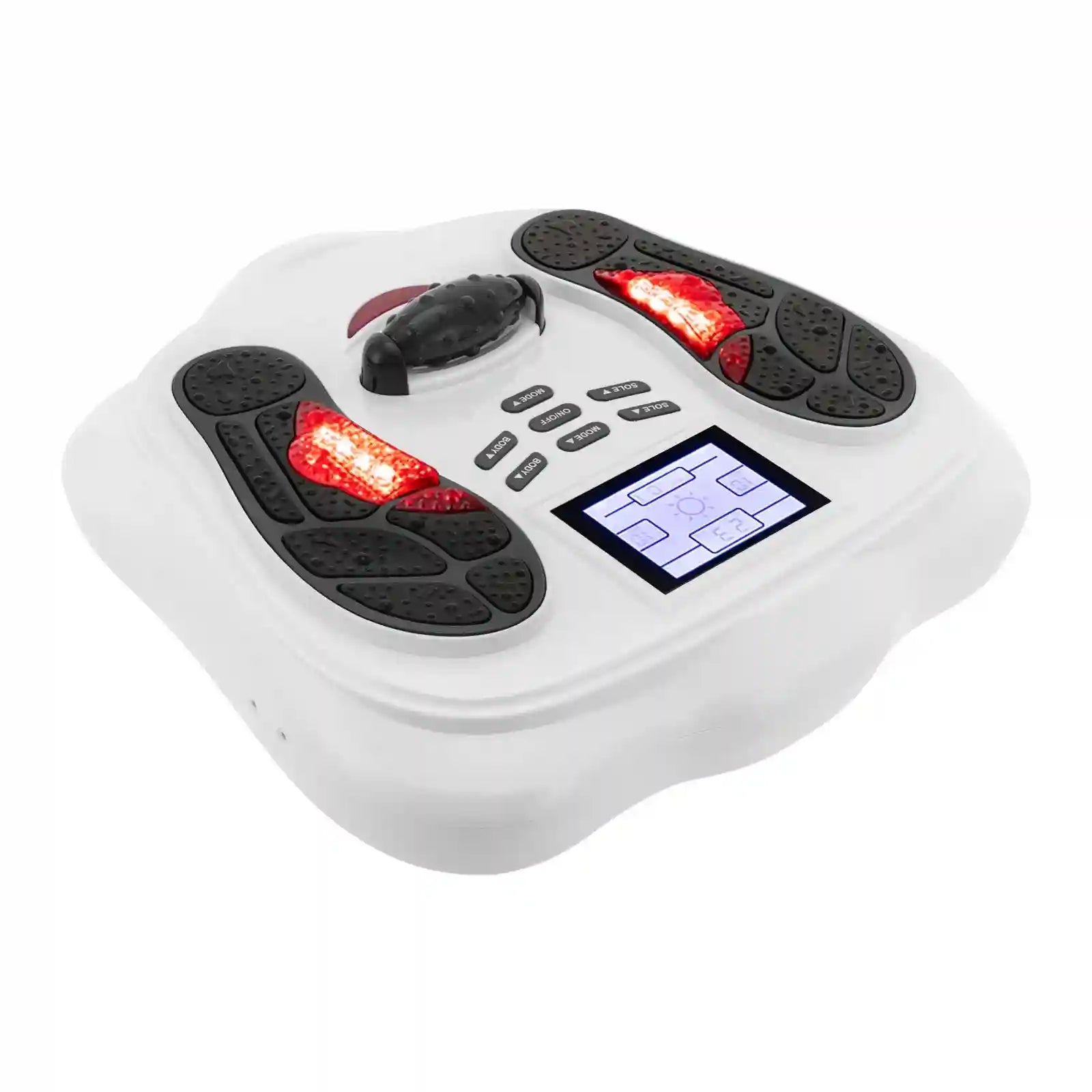 White electric foot massager and blood circulation simulator with red LED lights, digital display, and remote control.