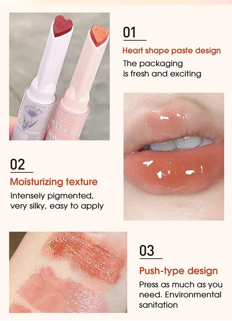 Gege Bear heart-shaped lipstick with glossy jelly finish, moisturizing texture, and mirror-shine pigment for lips.