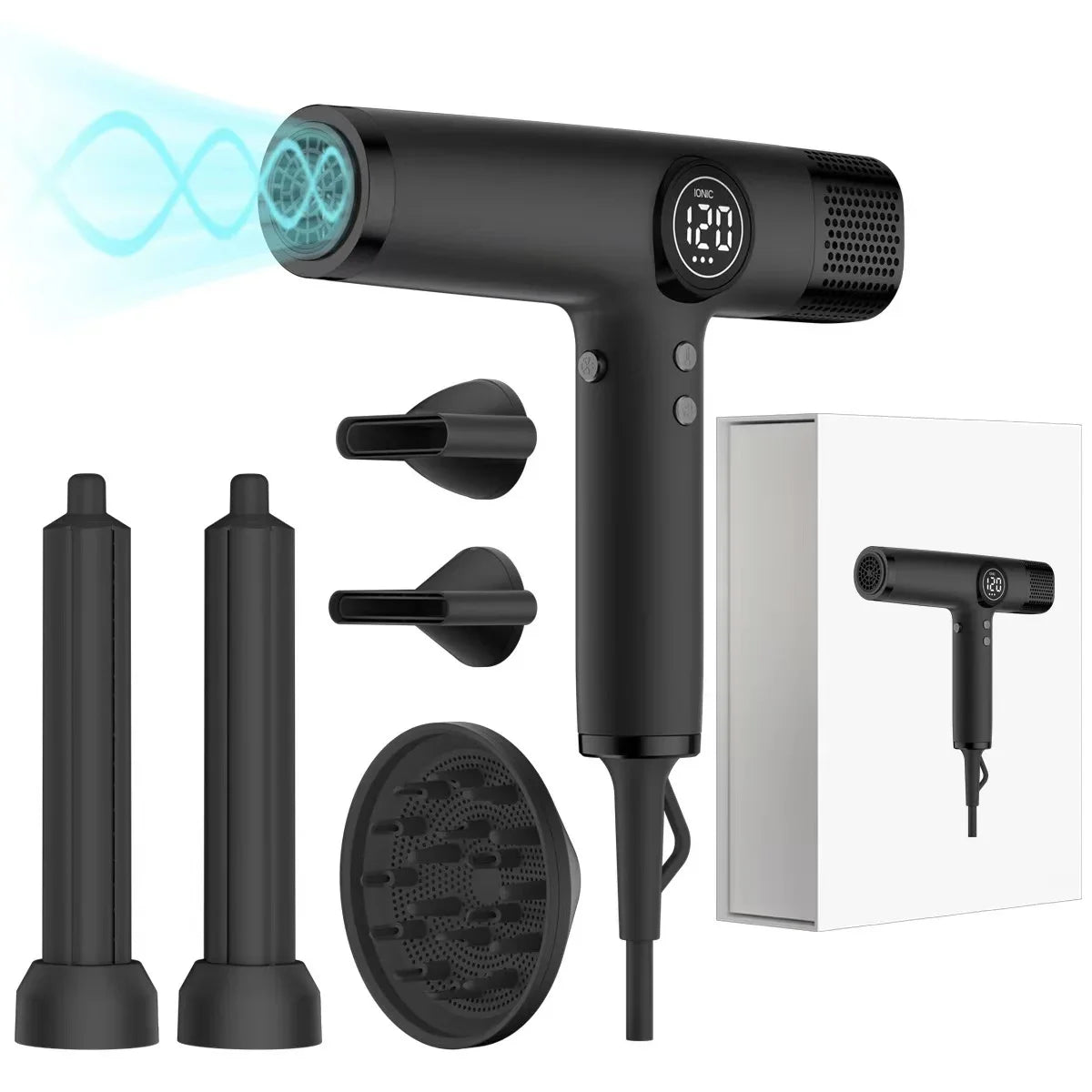 Black 1800W professional high-speed ionic hair dryer with digital display and magnetic styling attachments.