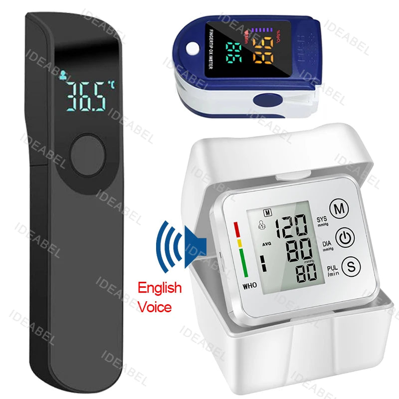 Wrist Blood Pressure Monitor LED English Voice Broadcast Tonometer BP Monitor Non Contact Infrared Medical Thermometer