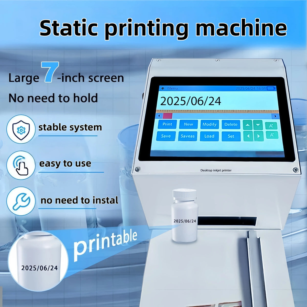 Static inkjet coding machine with large touchscreen and front ink bottle holder