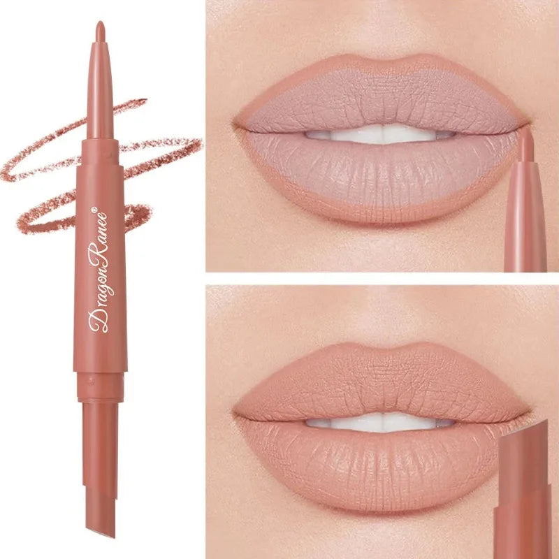 Dual-ended waterproof nude matte lip liner and lipstick pencil in a creamy rose shade for long-lasting lip makeup.