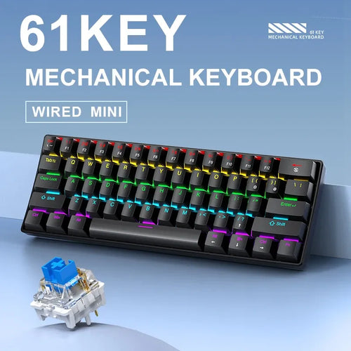APAYADO K61 60% wired mechanical keyboard with black keys, vibrant Phantom RGB lighting, and a visible blue switch.