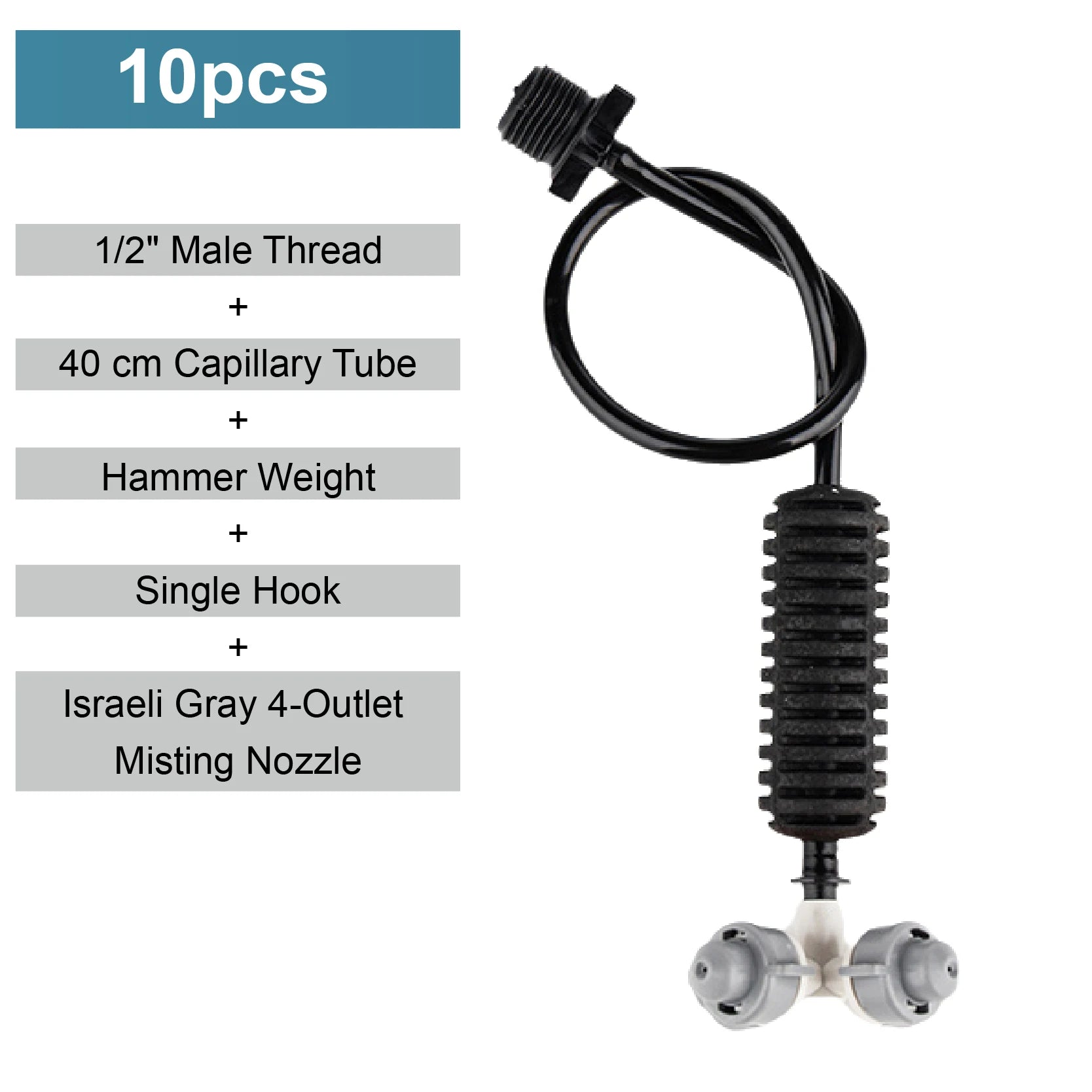 4-outlet misting nozzle kit with single hook, black capillary tube, and gray mounting
