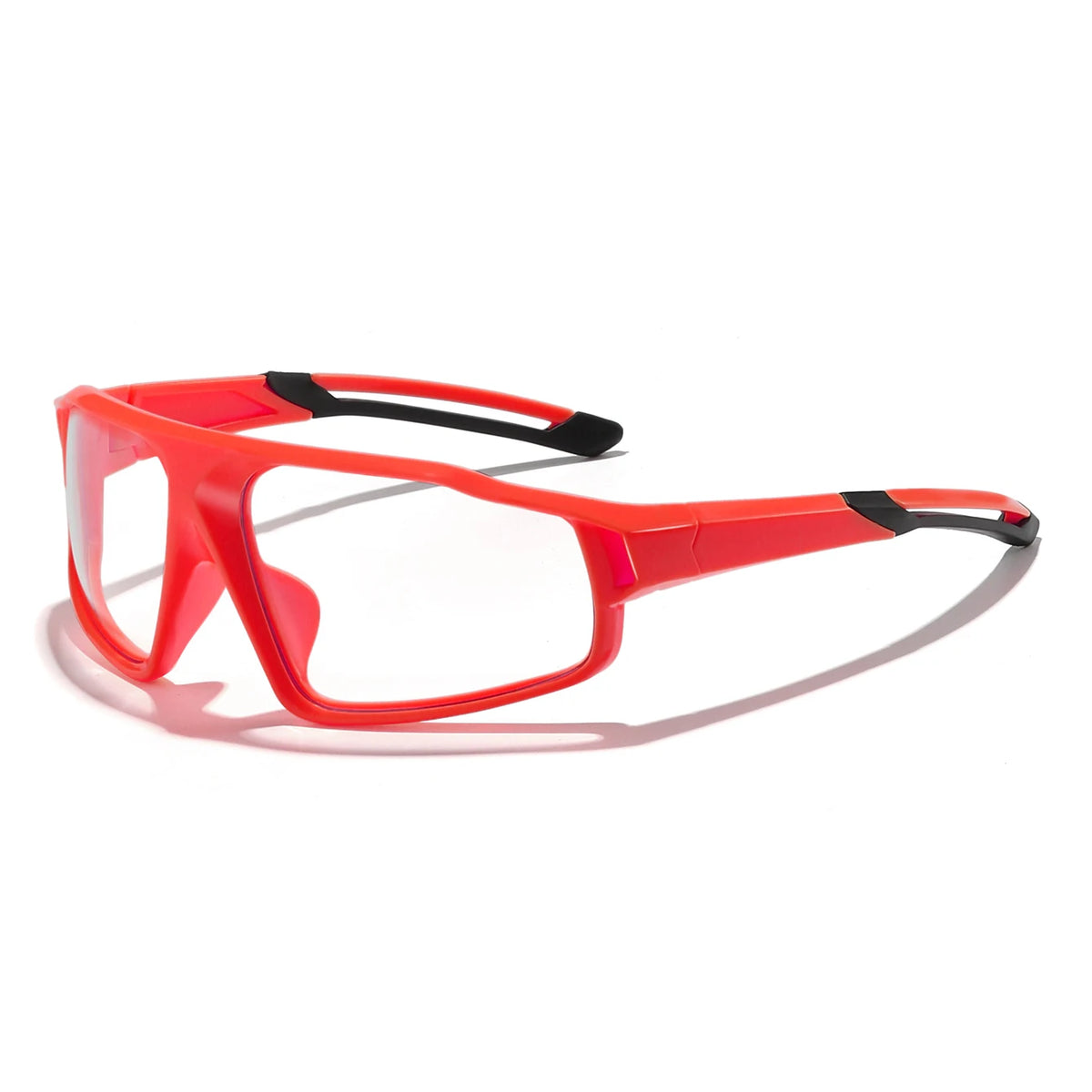 Photochromic cycling sunglasses, red frame with clear lenses for active wear.