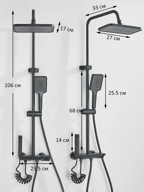 Gun grey 4-way shower system set shown with rain head, handheld sprayer, and dimensions