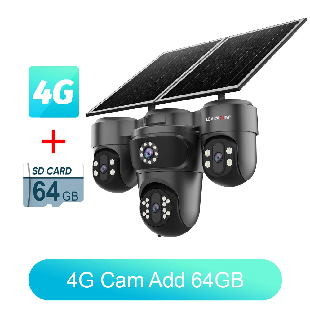 4G outdoor solar surveillance camera set with 64GB SD card for recording storage