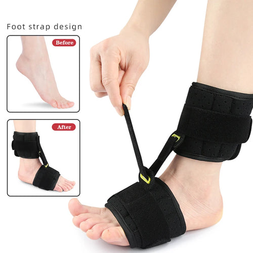 Black orthopedic foot drop brace and ankle support wrap for pain relief and posture correction.