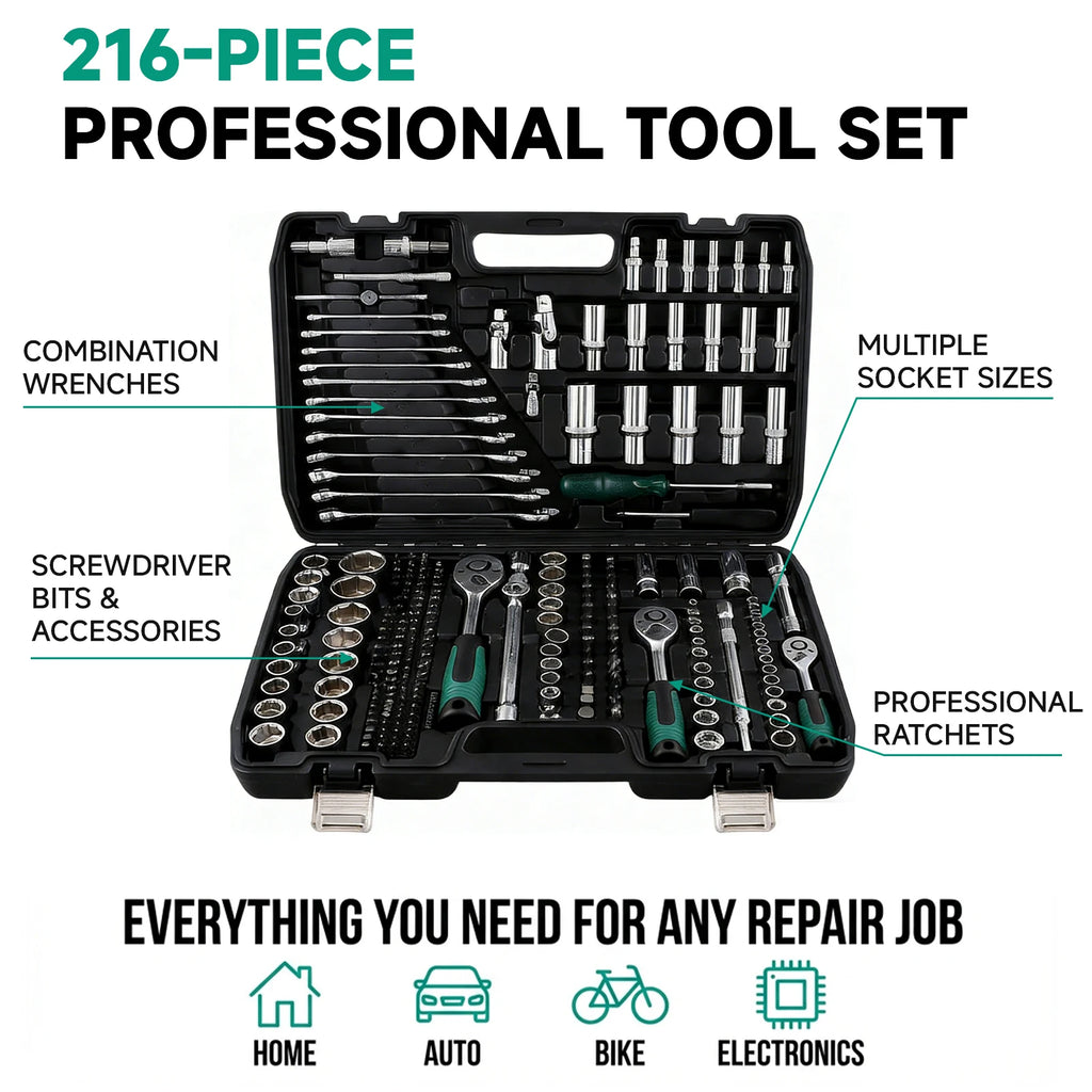 Podofo 216 Piece Mechanic Tool Set, 1/4" 3/8" 1/2" Socket Wrench Sets with 24-Tooth Ratchet Wrench, for Automotive Motorcycle Repair & Household