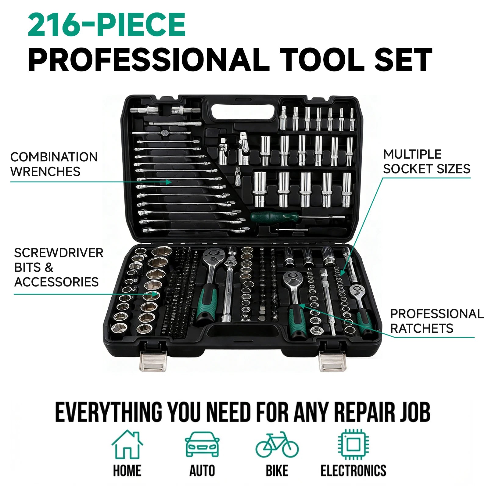 Podofo 216 Piece Mechanic Tool Set, 1/4" 3/8" 1/2" Socket Wrench Sets with 24-Tooth Ratchet Wrench, for Automotive Motorcycle Repair & Household